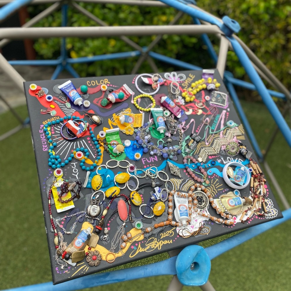 “Release & Rebirth” Colorful Original Artwork - acrylic + jewelry on canvas - Picture 7 of 11